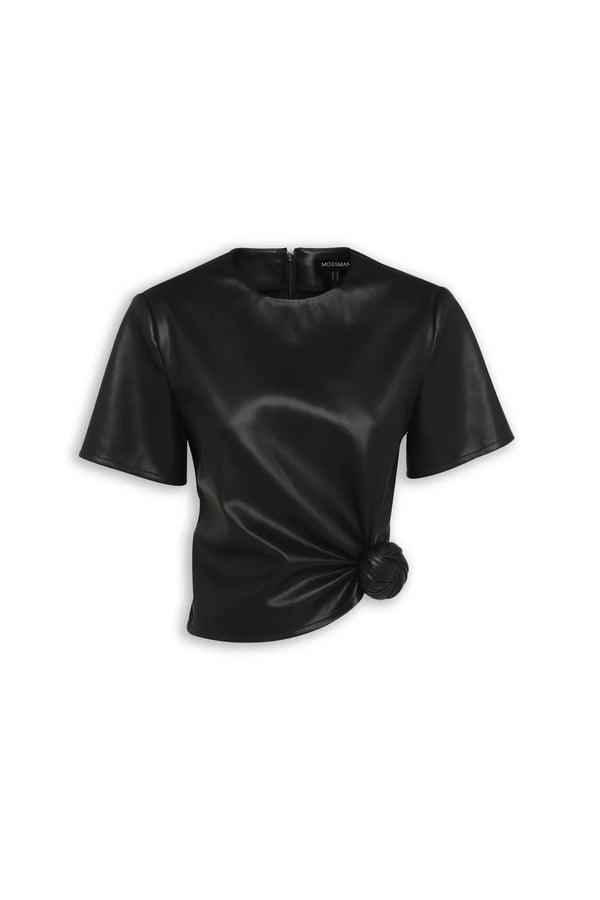 Fairfax Knot Tee Black by Mossman – faux leather crew neck top with side knot detail and relaxed fit.