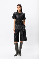 Fairfax Knot Tee Black by Mossman – faux leather crew neck top with side knot detail and relaxed fit.