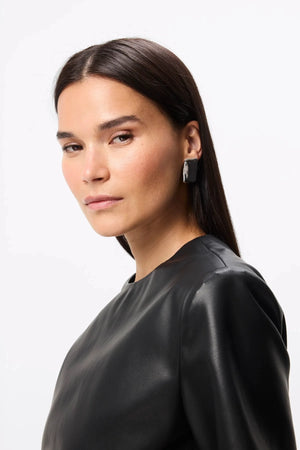 Fairfax Knot Tee Black by Mossman – faux leather crew neck top with side knot detail and relaxed fit.