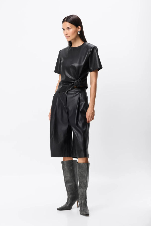 Fairfax Knot Tee Black by Mossman – faux leather crew neck top with side knot detail and relaxed fit.