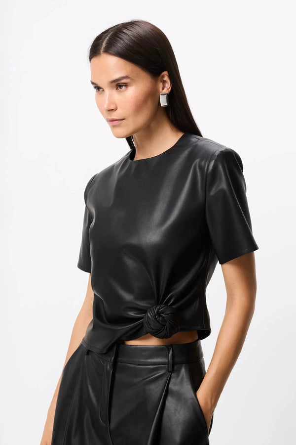 Fairfax Knot Tee Black by Mossman – faux leather crew neck top with side knot detail and relaxed fit.