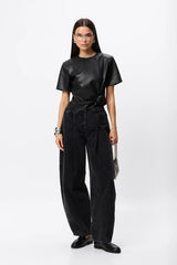 Fairfax Knot Tee Black by Mossman – faux leather crew neck top with side knot detail and relaxed fit.