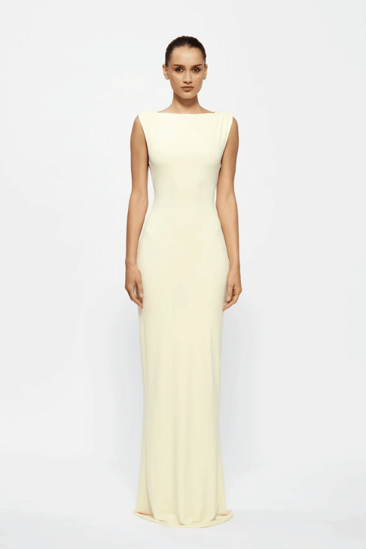 Faith Dress by Effie Kats – a maxi dress with V neckline, cutout, and ruched detail. Perfect for romantic event styling.