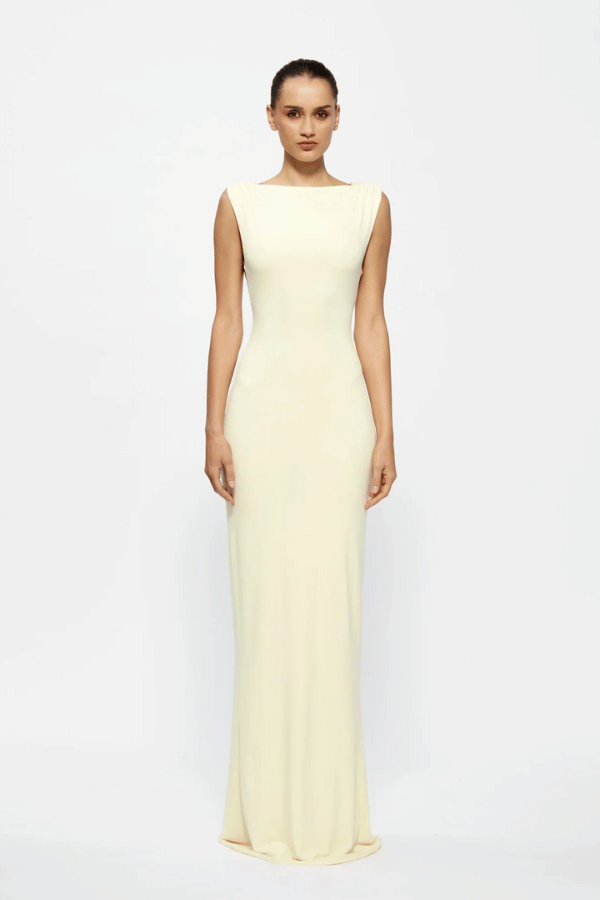 Faith Dress by Effie Kats – a maxi dress with V neckline, cutout, and ruched detail. Perfect for romantic event styling.