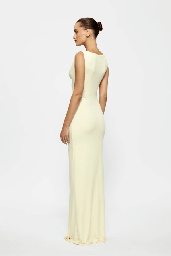 Faith Dress by Effie Kats – a maxi dress with V neckline, cutout, and ruched detail. Perfect for romantic event styling.
