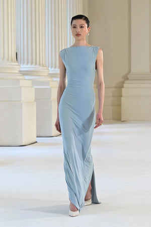 Faith Dress in Aspen by Effie Kats, a reversible stretch jersey gown with twist front, underbust cutout, and floor-length train for effortless romance.