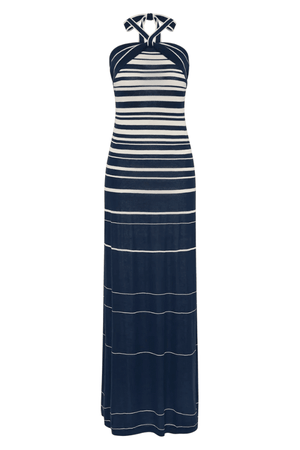 Axel Maxi Dress in Accordion Stripe Creamy Navy by Faithfull the Brand, chic halter-neck dress with a relaxed skirt and bust band detail, perfect for warm-weather events.