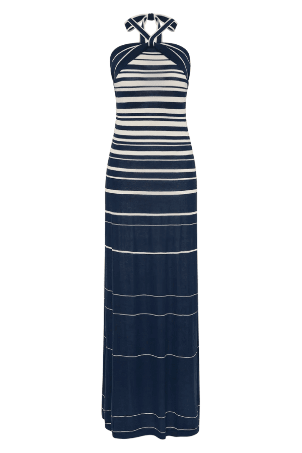 Axel Maxi Dress in Accordion Stripe Creamy Navy by Faithfull the Brand, chic halter-neck dress with a relaxed skirt and bust band detail, perfect for warm-weather events.