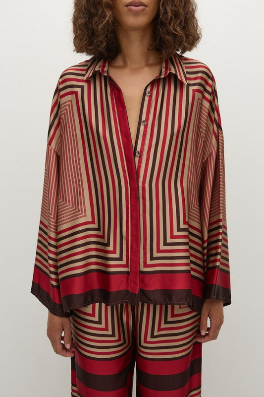 Faithfull the Brand Cora Shirt in Ylva Print, oversized button-up with wide sleeves in red-brown stripe. Perfect for relaxed co-ord looks.