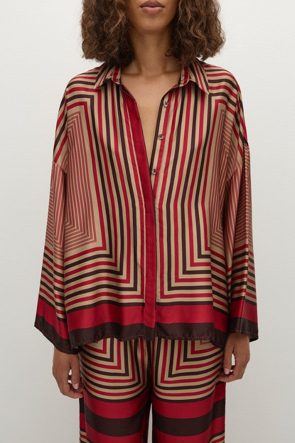 Faithfull the Brand Cora Shirt in Ylva Print, oversized button-up with wide sleeves in red-brown stripe. Perfect for relaxed co-ord looks.