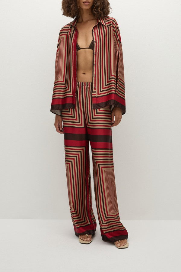 Faithfull the Brand Cora Shirt in Ylva Print, oversized button-up with wide sleeves in red-brown stripe. Perfect for relaxed co-ord looks.