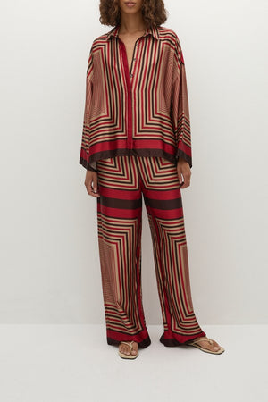 Faithfull the Brand Cora Shirt in Ylva Print, oversized button-up with wide sleeves in red-brown stripe. Perfect for relaxed co-ord looks.