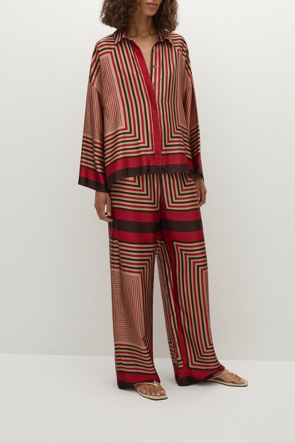 Faithfull the Brand Cora Shirt in Ylva Print, oversized button-up with wide sleeves in red-brown stripe. Perfect for relaxed co-ord looks.