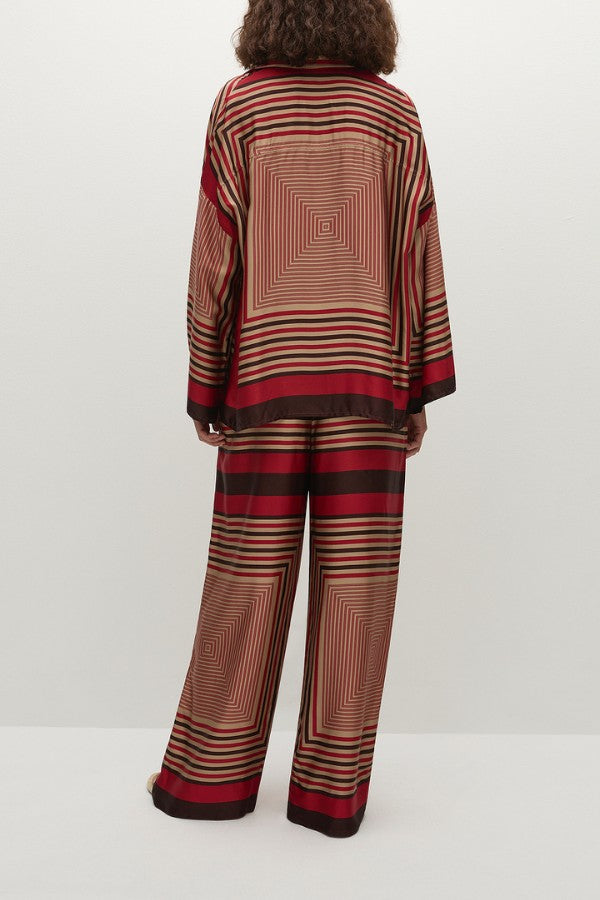 Faithfull the Brand Cora Shirt in Ylva Print, oversized button-up with wide sleeves in red-brown stripe. Perfect for relaxed co-ord looks.