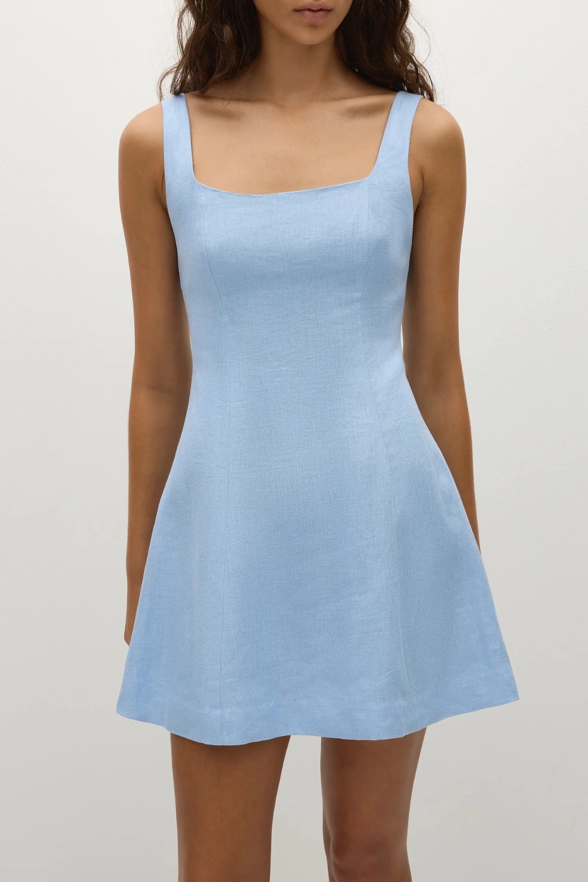 Faithfull the Brand Felice Mini Dress in Mineral Blue with square neckline, thick straps, shirred back waist panel and A-line skirt.