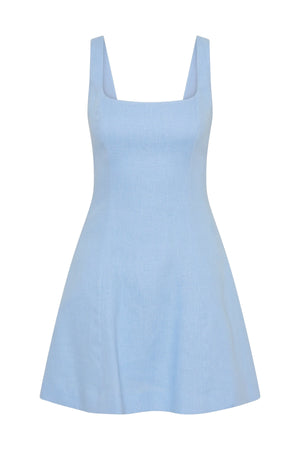 Faithfull the Brand Felice Mini Dress in Mineral Blue with square neckline, thick straps, shirred back waist panel and A-line skirt.