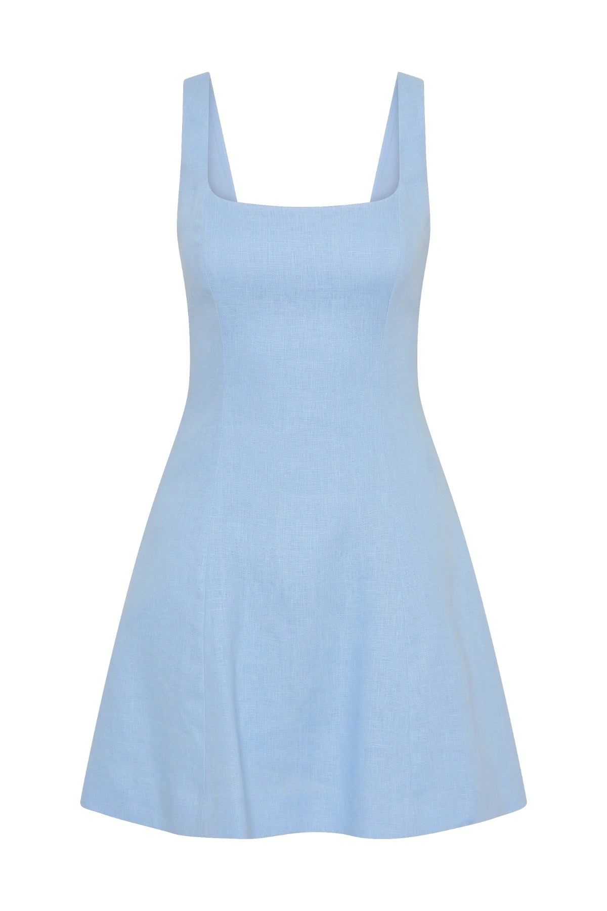 Faithfull the Brand Felice Mini Dress in Mineral Blue with square neckline, thick straps, shirred back waist panel and A-line skirt.