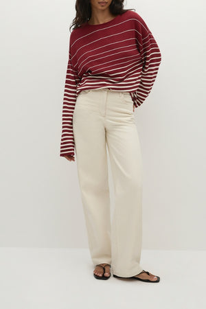 Faithfull the Brand Lyana Top in Scandi Stripe Red Cream, oversized knit with flared sleeves in red and cream stripe. Perfect for relaxed styling.