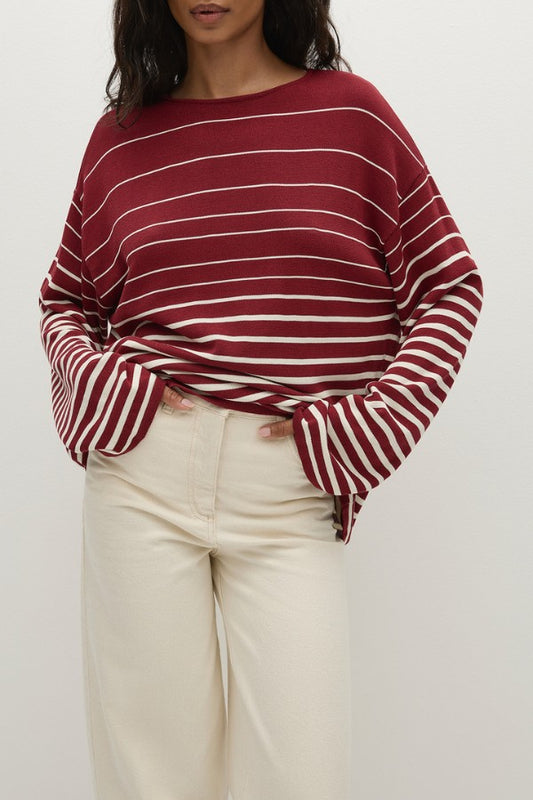 Faithfull the Brand Lyana Top in Scandi Stripe Red Cream, oversized knit with flared sleeves in red and cream stripe. Perfect for relaxed styling.