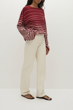 Faithfull the Brand Lyana Top in Scandi Stripe Red Cream, oversized knit with flared sleeves in red and cream stripe. Perfect for relaxed styling.
