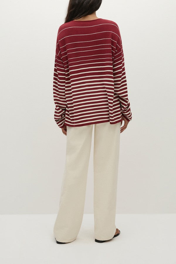 Faithfull the Brand Lyana Top in Scandi Stripe Red Cream, oversized knit with flared sleeves in red and cream stripe. Perfect for relaxed styling.