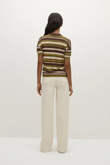 Sable Polo Shirt in Espresso Pine Stripe by Faithfull the Brand, classic polo with a deep V-neck and ribbed waistband, perfect for a chic, casual look when paired with coordinating skirts or denim.