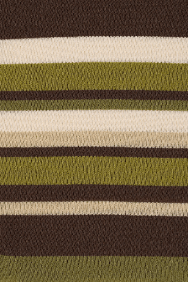 Sable Polo Shirt in Espresso Pine Stripe by Faithfull the Brand, classic polo with a deep V-neck and ribbed waistband, perfect for a chic, casual look when paired with coordinating skirts or denim.