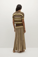 Sable Polo Shirt in Espresso Pine Stripe by Faithfull the Brand, classic polo with a deep V-neck and ribbed waistband, perfect for a chic, casual look when paired with coordinating skirts or denim.