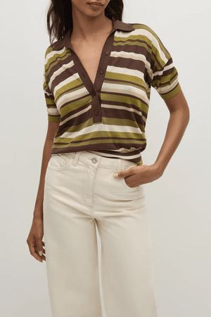 Sable Polo Shirt in Espresso Pine Stripe by Faithfull the Brand, classic polo with a deep V-neck and ribbed waistband, perfect for a chic, casual look when paired with coordinating skirts or denim.