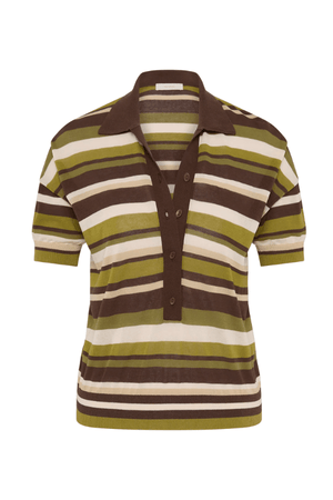 Sable Polo Shirt in Espresso Pine Stripe by Faithfull the Brand, classic polo with a deep V-neck and ribbed waistband, perfect for a chic, casual look when paired with coordinating skirts or denim.