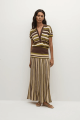 Sable Polo Shirt in Espresso Pine Stripe by Faithfull the Brand, classic polo with a deep V-neck and ribbed waistband, perfect for a chic, casual look when paired with coordinating skirts or denim.