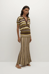 Sable Polo Shirt in Espresso Pine Stripe by Faithfull the Brand, classic polo with a deep V-neck and ribbed waistband, perfect for a chic, casual look when paired with coordinating skirts or denim.
