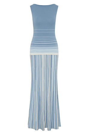 Faithfull the Brand Xyla Maxi Dress in Accordion Stripe Mineral Blue with boat neckline, twist knot back and flared A-line skirt.