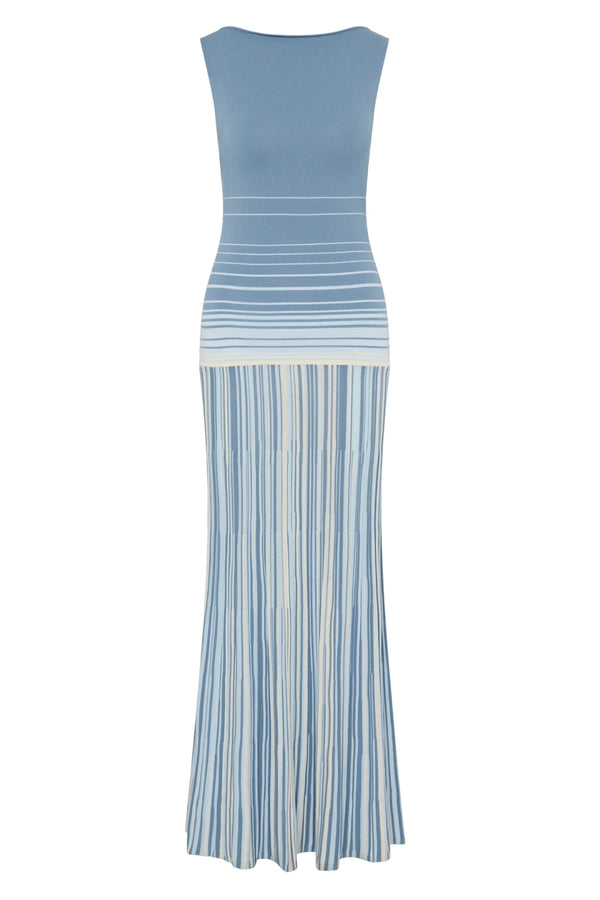 Faithfull the Brand Xyla Maxi Dress in Accordion Stripe Mineral Blue with boat neckline, twist knot back and flared A-line skirt.