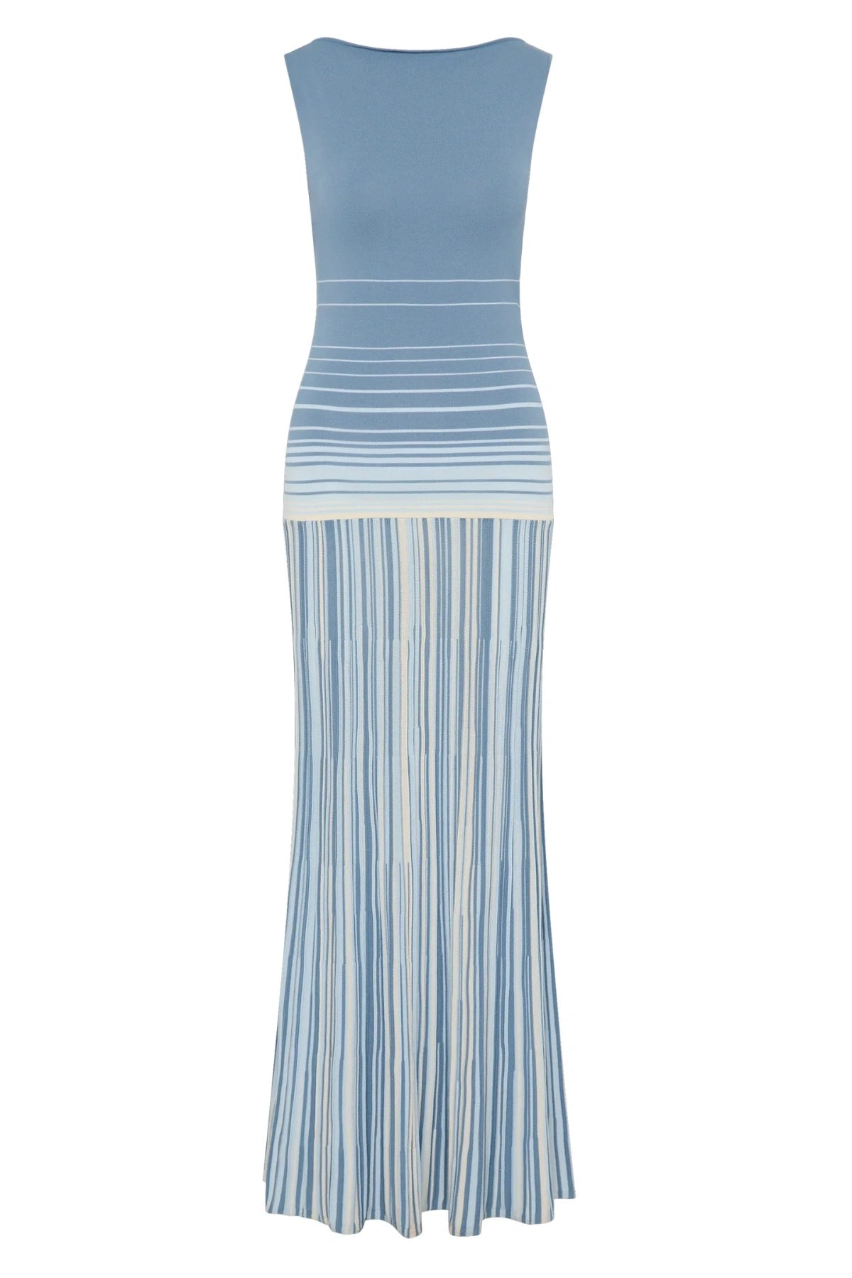 Faithfull the Brand Xyla Maxi Dress in Accordion Stripe Mineral Blue with boat neckline, twist knot back and flared A-line skirt.