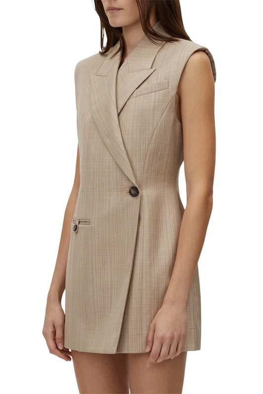 Faro Dress by Camilla and Marc, caramel marle sleeveless blazer mini with contrast cream collar and tailored wrap fit.