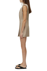 Faro Dress by Camilla and Marc, caramel marle sleeveless blazer mini with contrast cream collar and tailored wrap fit.