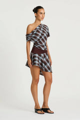 Faye Mini Dress Haze Check by Benni – an off-shoulder mini with draped bodice and belt detail. Perfect for elevated styling.