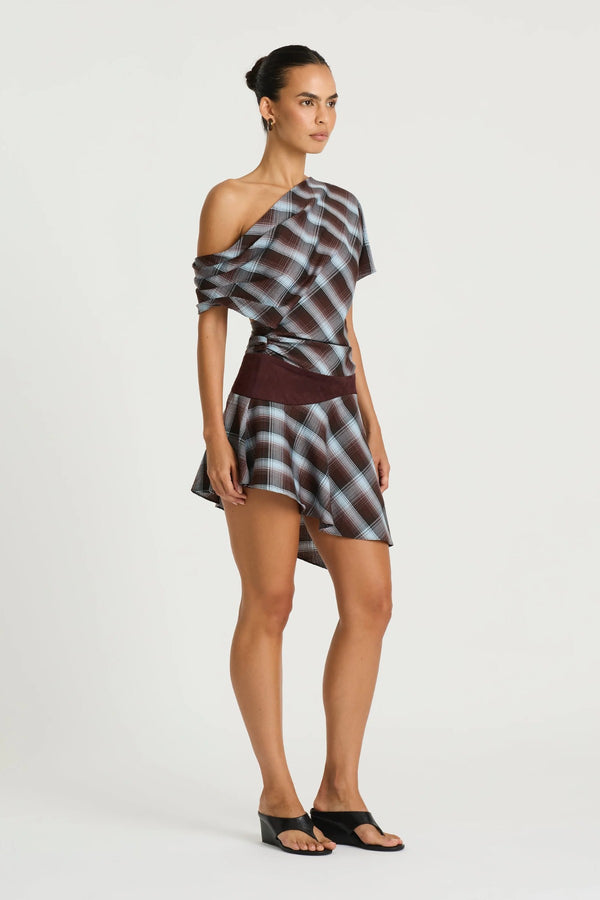 Faye Mini Dress Haze Check by Benni – an off-shoulder mini with draped bodice and belt detail. Perfect for elevated styling.