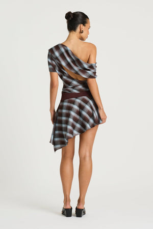 Faye Mini Dress Haze Check by Benni – an off-shoulder mini with draped bodice and belt detail. Perfect for elevated styling.