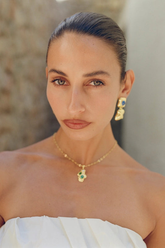 Federica Necklace in Gold by Mountain & Moon, 18K gold plated pendant necklace with green jade, malachite, and freshwater pearl.