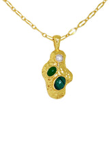 Federica Necklace in Gold by Mountain & Moon, 18K gold plated pendant necklace with green jade, malachite, and freshwater pearl.