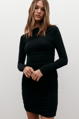 Femi Mini Dress Black by Bayse – an asymmetrical mini with one sleeve and ruched fit. Perfect for night out styling.