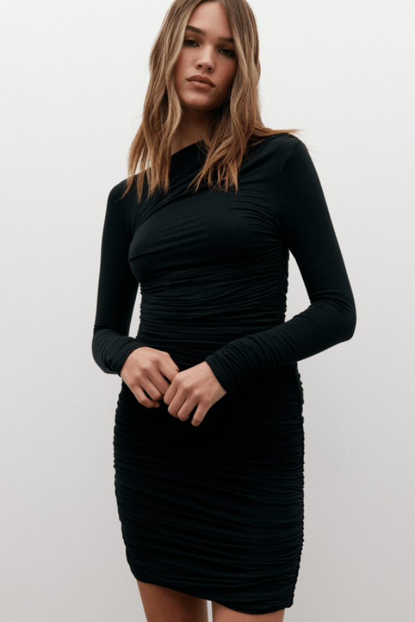Femi Mini Dress Black by Bayse – an asymmetrical mini with one sleeve and ruched fit. Perfect for night out styling.