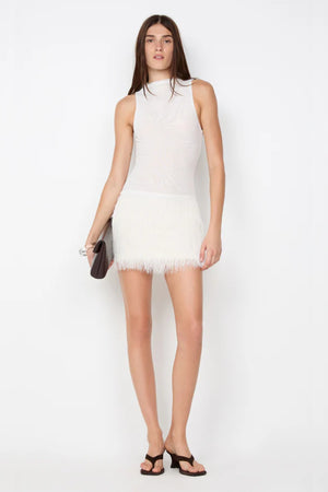 Finley Mini Dress by Bec + Bridge,  playful mesh and fringe mini featuring a high neckline and fitted silhouette—perfect for bridal or party moments.