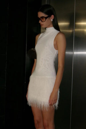 Finley Mini Dress by Bec + Bridge,  playful mesh and fringe mini featuring a high neckline and fitted silhouette—perfect for bridal or party moments.