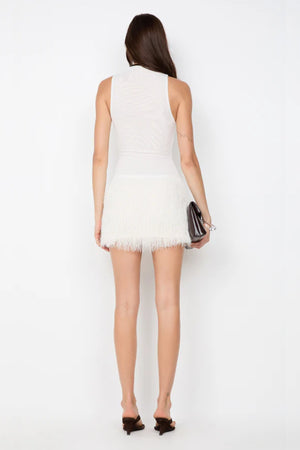 Finley Mini Dress by Bec + Bridge,  playful mesh and fringe mini featuring a high neckline and fitted silhouette—perfect for bridal or party moments.