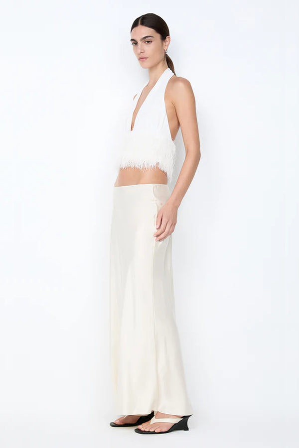 Finley Top by Bec + Bridge, a sleek halter silhouette with a statement fringe underbust detail—perfect for bridal celebrations or chic summer styling.