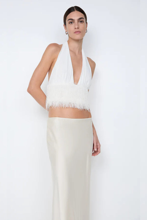 Finley Top by Bec + Bridge, a sleek halter silhouette with a statement fringe underbust detail—perfect for bridal celebrations or chic summer styling.