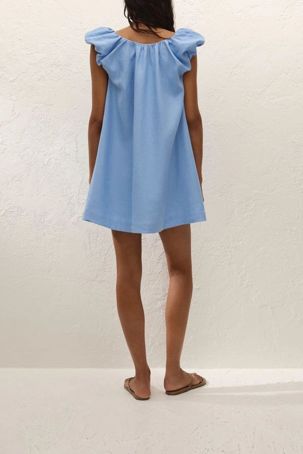 Flor Mini Dress Sky Blue by Faithfull the Brand – a mini dress with frill sleeves and soft A line fit. Perfect for summer styling.